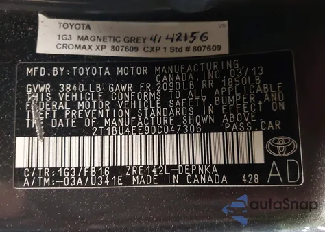 2013 Toyota Corolla Le from USA, damaged, VIN 2T1BU4EE9DC047306